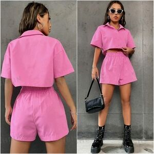 NEW! SHEIN Drop Shoulder Cropped Button Up Shirt & Shorts Set Bubblegum Pink XS